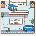 Visualize the scenario described in the math problem: two towns labeled as 'T' and 'S' are depicted with a solid line between them representing a distance of 300km. Two buses, marked 'A' and 'B', start from town 'T' and move towards town 'S'. Bus 'B', shown moving faster than bus 'A', reaches town 'S' while bus 'A' is somewhere along the route. Remember not to include any text in the illustration.