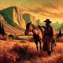 Create a visual rendition that harkens back to the style of early 19th-century painting and captures a scene fit for a historical narrative. The image should portray an early American settler, complete with period-appropriate attire, set against a backdrop of awe-inspiring natural scenery. Include the presence of a horse, subtly indicating their role in transportation during that era. When it comes to color use, opt for a warm and earthy palette, resembling the tones of an autumnal sunset.