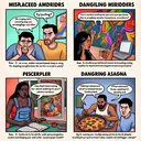 An engaging and educative image representing examples of misplaced and dangling modifiers. The image could depict four scenes corresponding to the four different sentences in the question. Scene 1: A person (Caucasian male) grumbling about a surprise party. Scene 2: A figure (Hispanic female) concentrating on reading an essay by Paul, with facial expressions suggesting that the essay's research is sub-par. Scene 3: An artist (Black female) painting murals and listening to Cuban music. Scene 4: Showing a visual metaphor of someone (Asian male) attempting to make perfect lasagna led by an authentic Italian recipe. No text to be included in the image.