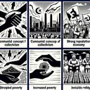 Create an image that symbolizes the Communist concept of collectivism. Include visual representations of two hands coming together and intertwining their fingers, signifying unity. Next to it, generate an abstract representation of a thriving economy, possibly using skyscrapers and then an image representing increased poverty, perhaps through an empty bowl or bread line. Next to it, consider representing strong religious beliefs, perhaps by means of traditional Chinese artifacts or symbols invested in religious ceremonies. Finally, construct an image of simple farmers in the field, symbolizing peasants. Remember, no text should be included in the image.