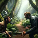 Create an image that is an interpretation of a scene from a science fiction story. In the scene, two individuals named Travis and Lesperance are engaged in an intense conversation in a lush, prehistoric jungle environment. The body language and facial expressions convey that one individual, Travis, is greatly perturbed while the other, Lesperance, is more composed. In the background, a distinct path leading out of the scene is visible. Please include no text in the image.