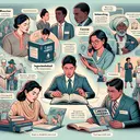 An alluring illustration that represents the process of career exploration. The scene encompasses various elements, portraying diverse individuals interacting with different resources and sources. The first character, a Caucasian female, is seen viewing a book titled 'Career Handbook', symbolizing a reliable resource. The following scene has an Asian male conversing with his mother, an accountant, representing internal information sources about careers. Next, an African male is observed in an informational interview with a librarian, signifying direct job exploration. Thereafter, a Middle-Eastern woman studies veterinary related contents, here an important reminder to keep an open mind is subtly hinted at. Another part shows Hispanic male on the phone, suggesting inquisitive skills. This is followed by examples of networking and informational interviews with depictions of individuals from diverse backgrounds engaging with professionals. The center of the image showcases an entrepreneur contributing to the economy. Various scenes subtly hint at the true/false questions, embedding the exploration process's complexity. The image is free of any textual indicators.