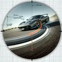 Visualize a scene where a sports car is dynamically moving along a flat, level road in a circular path of radius approximately 30.5m. The friction between the tires of the car and the asphalt road is strong, rated at a coefficient of 0.5. There's a sense of speed and agility about the car as it rounds the curve, hinting at its maximum velocity without showing any signs of slipping. Its tires seemingly cling onto the road, the squeal of rubber faintly audible as the car's speed presses its limits, yet it remains deftly controlled.