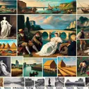 Create a collage image that represents several famous classic paintings including 'Adoration of the Shepherds', 'The Bridge at Argenteuil', 'Reclining Old Man', 'A View of Muhlendamm', 'Woman with a Parasol - Madame Monet and her Son', 'Haystacks in Brittany', 'Pont Neuf, Paris', 'At the Water's Edge', and 'Achille De Gas in the Uniform of a Cadet'. The image represents classic art studies with a variety of styles depicting humans, landscapes and still life. The art must be void of any text and focuses on the aspects of value, texture, perspective, line, color, and proportion. The collage should be arranged to highlight the described elements of each artwork as a helpful visual guide for art students.