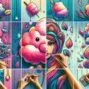An image illustrating the artistic creation process of a cotton candy creature. This scene includes a female artist emphasizing different elements of art such as negative space, color, line, and texture. The artist is in the midst of creating the cotton candy creature in a whimsical style, using vibrant colors, bold lines, and interesting textures to bring her creation to life. Her artistic approach emphasizes each element individually, making it hard to tell which she relies on most. Keep the image vivid and enchanting, without any text.