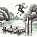 An illustrative scene depicting a situation by a lake. A masculine figure, of White descent and with a body mass corresponding to 70 kilograms, is energetically leaping off a wooden raft. The raft measures approximately 2 square meters and is firmly anchored in a freshwater lake, surrounded by lush trees and a clear sky. Beside the raft, show a measuring tape indicating the changes in water level to depict the potential rise of the raft due to the man's exit. Make sure the image contains no text.