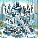 Create a vibrant, detailed image showing a corporate office with a hierarchical structure in action. The image should feature various workers performing different roles, all embedded within a clear framework. Present a CEO in their office high up in the building, middle managers in a meeting room on a lower floor, and other employees at their cubicles performing varied tasks. Detail the workers as diverse in gender and descent, including Caucasian, Hispanic, Black, Middle-Eastern, South Asian, and White individuals.