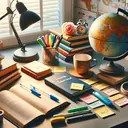 An engaging picture that stimulates language learning. The image showcases a study setting, enlivened with items relating to language learning. A central focus should be on a table arranged neatly with tools for studying: books, highlighter, pens, notebook, flashcards. Other decor could include a world map, post-it notes, and a coffee mug. Let there be soft light from a small study lamp cast over the table. Create a cozy and peaceful atmosphere that suggests diligent study.