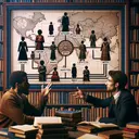 An image exhibiting an academic setting where two individuals are involved in an intellectual debate framed by old books and historical references. One person is presenting their opinion about a familial matter, visually represented by small, lined up icons of estranged father and son, destined wives, and contrasting lifestyles. The other debater responds by sharing their views on a noetic matter, signified by an abstract design of self-worth, pride, and a faintly traced map of Africa with colonial borders. Both participants appear engrossed in their discussion, highlighting the significance of substantiated intellectual discourse.