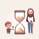 Illustrate an abstract concept of aging process and growth by showing a small toddler and a young woman, both with an hourglass beside them, showcasing the progression of time. The toddler, who is Caucasian, would have 2 sand grains in his hourglass while the young woman, who is Middle-Eastern, would have 28 sand grains in hers respective to their ages. The scene should be set in a neutral tone to maintain the focus on the main subjects.