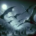 Generate an image that resembles a surreal scene to illustrate the concept of 'delirium'. Show pterodactyls soaring up in the night sky with cavernous gray wings that reflect the dim moonlight. These towering creatures should seem like gigantic, mystical bats. The scene should capture the essence of crazed thoughts, a sense of being spellbound, and an eerie atmosphere, but have no elements reflecting blindness or hunger.
