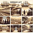 Illustrate an image representing the embargo act of 1807's impact on South Carolina. Show different aspects such as the restricted harbor with idle ships, desolate marketplaces, and distressed citizens. To represent the time period, include elements like colonial architecture and citizens wearing early 19th-century clothing. Ensure the image has a solemn mood to reflect the challenging times.