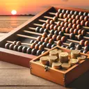 Generate a visually appealing image of a vintage abacus with wooden beads, alongside a smoothly polished wooden box containing freshly minted gold coins. On the horizon, a sunset is occurring, casting warm yet gentle light on the scene. This serene scene accentuates the financial theme, but does not dictate the exact context mentioned.