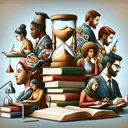 Create an image that represents the concept of learning and quizzing self on various subjects. Depict multiple thematic elements such as stack of books symbolizing learning, hourglass representing time, and a peaceful study environment like desk with lamp. In the scene, include a diverse representation of people engrossed in studying, such as a Black woman, a Hispanic man, a Middle-Eastern woman, and a South Asian man. The elements should be arranged harmoniously and in a way that exudes a sense of deep thought and concentration.