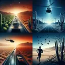 Create a representation of a long journey symbolizing adversity and struggle. This journey can be represented by a small car on an endless highway with night scenery, illuminating the long exhaustion. In one part of the image, portray a desert with cacti, hinting danger, and a helicopter hovering above. An area of the image should contain a birds' nest in a tree corner, transitioning into a vast sky filled with soaring birds. Finally, include a jogging figure looking defeated, emphasizing the tone of hardship and defeat.