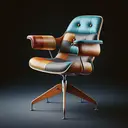 A mid-twentieth-century chair with an emphasis on design and creativity. With its blend of wooden and plastic materials, it showcases features reminiscent of the design ideals of Ray and Charles Eames, such as innovative ergonomics and visual balance. The chair displays balanced proportions, interesting rhythms in its armrest design, and an emphasis on color and creativity in its overall form. Please keep in mind the image should be void of any text.
