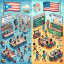 An engaging and educational image representing the difference in school life between Puerto Rico and the United States. The image should subtly highlight the differences in classroom settings, school uniforms, homeschooling option, and language of instruction - Spanish and English, but without any text appearing in the image.