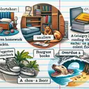 An image that visually represents different aspects of the grammar concepts from a language lesson. Include a visual metaphor for a phrase fragment showing forgotten homework and books, a Category 3 hurricane damaging the beaches of an island, a dog gnawing on a shoe lying on a closet floor, and a book that is overdue at the library. The image should be appealing and designed to accompany a set of school questions.