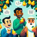 Visualize three cartoonish characters: a Caucasian man named Pete, a Hispanic woman presented as Tweet, and a Middle-Eastern man known as Honk, frolicking under a pear tree filled with ripe, juicy pears. Imagine Pete eating two pears, Tweet enjoyably consuming three pears, and Honk indulging himself with five pears. Do not include any numbers, symbols or text in the image. Capture Pete's moment of surprise as he realizes he has eaten 12 pears less than Honk, and Tweet looks curiously trying to solve the implied mathematical problem.
