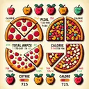 Create an image showing two pizzas: one cut half which is a Pepperoni pizza and the other pizza with three-fourths portion left representing a ham-and-pineapple pizza. Display the total calorie count as 765 without text, perhaps represented by small, equally sized symbols like apples, where each apple stands for an amount of calories. Then create a second scene with another pepperoni pizza, this time only a quarter is present, and a whole ham-and-pineapple pizza. In this scene, depict the total calorie count as 745 with the same apple symbols. The scenes should be visually appealing.