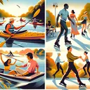 Create a vibrant, plein air scene with several activities taking place. On the left, depict a group of people engaged in kayaking on a glistening lake, with a caucasian woman and a black man each in their individual kayaks, both demonstrating the proper technique of kayaking. In the center, illustrate a scene of inline skaters, a south asian female and a Hispanic male, skating swiftly on a smoothly paved park trail. On the right, visualize a couple in the midst of a Tango dance lesson, a Middle-Eastern man leading a white female partner, both elegantly dressed suitable for a dance class. Please ensure that the image conveys a warm, energetic, and welcoming environment, emphasising the variations of recreational activities. Make sure the image does not contain any text.