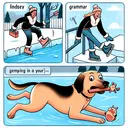 Create an image illustrating an example of grammar in action. In the first scene, a person named Lindsey, a Hispanic female, is stepping onto the ice while gripping the rail. In the second scene, depict a playful dog named Fido, having a good time as he chews on a handmade toy. These scenes should be aesthetically appealing but refrain from including any written or typed text in the image.