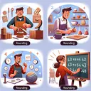 Create an appealing image that visually represents the concept of rounding without text. Display four different scenarios that demonstrate rounding in daily life. 1. A craftsman refining the rough edges of furniture to make them smoother. 2. A cashier, with an excited look, doing mental math quickly. 3. An artist sketching a ball, focusing on creating round shapes. 4. A mathematician writing on a chalkboard showing the process of making numbers round.