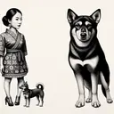 An interesting image portraying the concept of 'bravado' in dogs. Please illustrate two dogs - one small and one large. Represent the small dog as an East Asian woman, appearing dynamic, bold and confident, standing tall and overshadowing the large dog. The large dog should be represented by a Caucasian man, appearing slightly timid and reserved in contrast to the small dog, adding an interesting dynamic to the image. Please ensure the image contains no text.