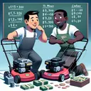 Visualize two individuals, Terry, an Asian man, and Ed, a Black man, starting a lawn mowing business. They are excited and carefully weighing up the shiny new mowers and equipment that they have just purchased. The total value of the equipment is suggested by showing a price tag of $1,300. The atmosphere is one of commerce, entrepreneurship and math problem solving. Additionally, show $15 bills and $2 coins to visualize the money they charge and spend on gas for each job. Lastly, show different numbers of lawns to represent the options of 10, 50, 100, and 1,000 as potential solutions to break even.