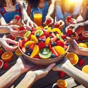 A colorful and visually appealing image of a group of individuals of various descents enjoying a vibrant and fresh fruit salad. The salad is bursting with color and includes a variety of fruits such as sliced strawberries, juicy oranges, delicious kiwis, and plump blueberries. One person is passing a bowl full of the salad around while others are looking at it with anticipation. The setting is outdoors, under a clear sunny sky. Include no text in the image.