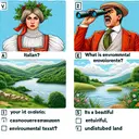 Create a detailed image with elements corresponding to various options given in the question without any accompanying text. The elements should include an Italian woman with traditional attire, an irate individual characterizing an environmental advocate, a pair of binoculars, and a beautiful depiction of tranquil, undisturbed land.