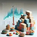 An image portraying a subtle nod to visualization of data and statistics. The image can depict a stack of wooden or colorful toy blocks, an assortment of different types of candy, and a thermometer with a high temperature reading. The background should be neutral so as not to add any distracting elements. This will serve as an effective representation of the various datasets mentioned: sale of toys in different price ranges, average monthly sales of a big company, varieties of candy sold, and the melting point of hard candy.