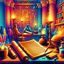 A vibrant colorful image depicting an ancient Greek study room. The room is adorned with parchment scrolls on wooden desks, lit by olive oil lamps emitting a warm glow. Various artifacts like globes, feather quills, and ink pots are scattered around. Ancient Greek figures are visible in the background studying, engaging in thoughtful discussions, while a teacher is pointing towards a scroll. This scene reflects the study of an ancient language, implying discussions, readings, and the diligent study of texts, evoking the educational atmosphere in classical Greece.