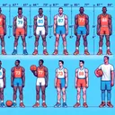 Create a detailed, visual representation of a data model using basketball players. This model should display eight basketball athletes, each distinguished by their height in inches. The corresponding weights should be subtly implied, perhaps through physique or body shape. The players' heights in inches should range from 67 up to 79, filled with diverse ethnic backgrounds and both genders. Also, incorporate a separate basketball player standing apart from the group, significantly taller, with a height of 84 inches, but don't visually suggest a specific weight.