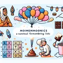 Create a whimsical, non-textual image reflective of the concept of mnemonics. Depict a compilation of various elements that represents mnemonics such as a person (Middle-Eastern female) thoughtfully visualizing a list tied to colorful balloons ascending to the sky (representing mnemonic tool for remembering lists), a tic-tac-toe grid suggesting an acronym, and someone (Hispanic male) delighting in a quickly melting chocolate marshmallow on a stick (representing mnemonic verse). Ensure diversity in elements, suggesting the various ways mnemonics are used.
