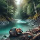 Design a serene image of a beaver standing on a rugged bank of a stream in a dense Chilean forest. Color palette should reflect the rich natural environment: lush greenery, deep brown earth, and clear turquoise water. The beaver is a symbol of ecological balance, so it should appear healthy and industrious, possibly gnawing on a tree branch or building a dam with mud and branches. Yet, hint at the underlying issues by incorporating subtle signs of slight forest disturbance in the surrounding area. Please ensure the image contains no text elements.