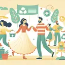 A thoughtfully designed, visually appealing image presented in a soothing color palette. Depicting a cheerful social scene, it shows a lively dance being held by a community service group. Characters of different genders and descents are joyously participating; a Caucasian female and Middle-Eastern male are dancing. The location is decorated with various elements signifying community service - recycled art pieces, a charity donation box, plants, etc. Remember, the image must not contain any text.