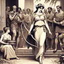 Illustration of a scene set in ancient Greece, where a woman with a bow in her arms, identified as Penelope, is walking towards a group of men, suitors. She is accompanied by a couple of maids carrying various items. The atmosphere of the scene should suggest that this is a pivotal moment, as indicated by Penelope's determination and the anticipation of the suitors.