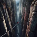 Visualize an intense and captivating scene in the rough wilderness. The focus is on two steep cliffs with a sturdy rope strung tightly between them, extending across a great chasm. At the halfway point on the rope, a mountain climber of medium build can be seen balancing carefully. The climber, dressed in a red jacket and wearing a helmet, is positioned such that the angle created by the rope and the horizontal plane is 45 degrees. The rough and untamed beauty of the mountains offering a dramatic backdrop.