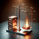 An image that visually represents the concept of heat transfer. This includes a block of copper weighing 500g, showing a progression of temperature increase from 16 degrees Celsius to 116 degrees Celsius. Also, visualize the specific heat capacity concept by symbolizing it with a scale balancing heat (represented as a flame) and the temperature change. Ensure that no text is present in this image.