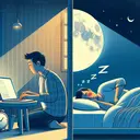 An illustrative representation showing a split scene. On one side, a person of Hispanic descent using the internet on a laptop in a cozy setting, indicating late-night work or leisure. The room is softly illuminated by the light from the laptop. The opposite side shows the same person having trouble sleeping, tossing and turning in their bed in a Moon-lit room, indicating troubled sleep. The whole image telegraphs a sense of the impact of internet use on sleep.