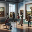 Create an image of a tranquil, well-lighted art gallery. In the center of the room, place a small table with a notebook and a pen on it. Across the room, let's have a diverse group of people; an Asian woman quietly examining an art piece, a black man leaning in to study a painting he does not normally appreciate, and a Middle-Eastern woman scribbling down notes on the notebook. In another corner of the gallery, let's have a framed painting by a 19th century American artist, depicting a serene countryside scene with impeccable use of shading and line work.