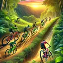 Generate an eye-catching image of a bicycle race. This image should have six cyclists riding on vivid red mountain bikes, and four cyclists on vibrant green mountain bikes. The cyclists are racing down a dirt track, each displaying a dynamic posture which reflects their competitive spirit. Nature is reclaiming the sides of this dirt road with lush green foliage, which is further highlighted by a stunning yeallow sunset backdrop. Remember, the image should not include any text within it.