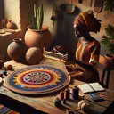 Create a visual showcasing an African woman, wearing a traditional cloth dress, engaged in weaving a colourful, round mat. The mat should depict a myriad of colours with intricate patterns. Beside the artisan, place a rustic wooden table on which a measuring tape and a calculator are placed. Let the room she is in be lit by warm, comforting ambient light with a clay pot and green indoor plants in the background, rendering an artistic, warm, and cozy indoor workshop scene.