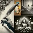 Illustrate an image that symbolizes the description. Picture a serene hand holding a feathered quill, symbolizing freedom of speech and artistic expression. Adjacent to this, imagine the figure of Buddha, with intricate and historically accurate details, crafted with expertise by a South Asian artist, symbolizing a commitment to heritage and spirituality. To the side, an abstract depiction of a staircase with implied motion representing controversy in art history. Finally, on the edge of the frame, visualize a torn metal can with blooming flowers, indicating resistance and environmental protest. No text is included in this composite image.