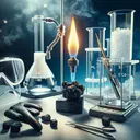 A detailed science laboratory setup demonstrating the burning of carbon in air. The scene could include safety gear like gloves and goggles, a Bunsen burner igniting a piece of carbon, and two transparent glass containers - one having air and the other collecting CO2 gas. Also, include a measuring scale showing the accurate measuring of 6 grams of carbon. The overall ambiance of the image should be appealing and educational. It is important that the image contains no text.