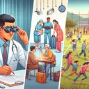Create an image depicting three scenes without any text. In the first scene, show an ophthalmologist at work, examining a patient's eyes in a clinical setting. In the second scene, illustrate members of various community service organizations actively engaged in their respective missions, such as helping in construction, educating young girls, and strategizing about providing aid. In the third scene, imagine a lively, energetic afternoon kickball tournament taking place in an open field at a school.
