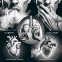 Generate a compelling image that visualizes long-term risks of smoking. Include visuals that represent bad breath, such as a person covering their mouth, lung cancer, depicted as a grayscale image of a lung with visible concerns, and cardiovascular disease, represented by a human heart with grey-ish areas. Also, include emphysema, conveyed by a pair of lungs struggling for air. All visuals must not contain any text.
