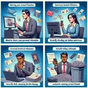 Generate an image to visually represent the concept of deterring identity theft. The scene should comprise of four different actions, each contrasting the other. Depict a male Caucasian individual about to share his personal information through a computer indicating a poor decision. In the next scene, visualize a mixed-race female securely shredding financial documents to prevent data misuse. The third component should portray a Middle-Eastern male on a call sharing sensitive information unadvisedly, and finally illustrate a South Asian woman incorrectly throwing away paperwork containing personal data in a trash bin. Use no text in the final image.