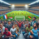 Create an image illustrating an intense sports event that could potentially trigger spectator aggression. The scene could include fans in a crowded stadium, actively involved in the game. Depict a diverse group of fans of varying descents such as Black, Hispanic, White, Middle Eastern, and South Asian, both male and female, expressing a range of emotions, from excitement to tension. Add details such as close-hanging banners and flags, a vibrant pitch filed with athletes in mid-action and blaring floodlights that complete the atmosphere of a high-stakes sports event, but refrain from adding any text to the image.